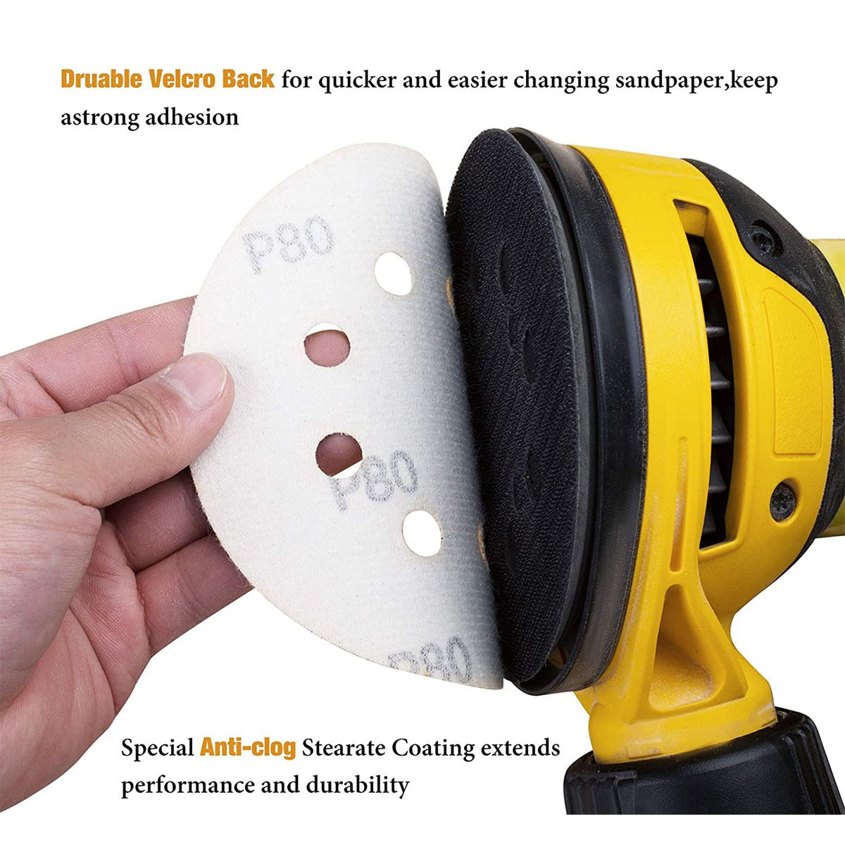 SATC 100PCS 5 Inch Hook and Loop 8 Holes 60/80/120/150/220 Grits Gold Sanding Discs for Orbital Sander