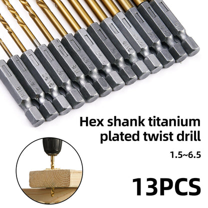 13PCS HSS DRILL BIT SET HEX SHANK TITANIUM COATED 1.5 - 6.5MM METAL WOOD PLASTIC