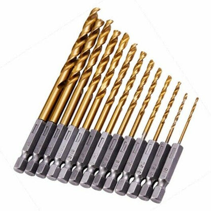 13PC HSS Drill Bit Set Metal Quick Change 1/4 Hex Shank Titanium 1/16"-1/4“