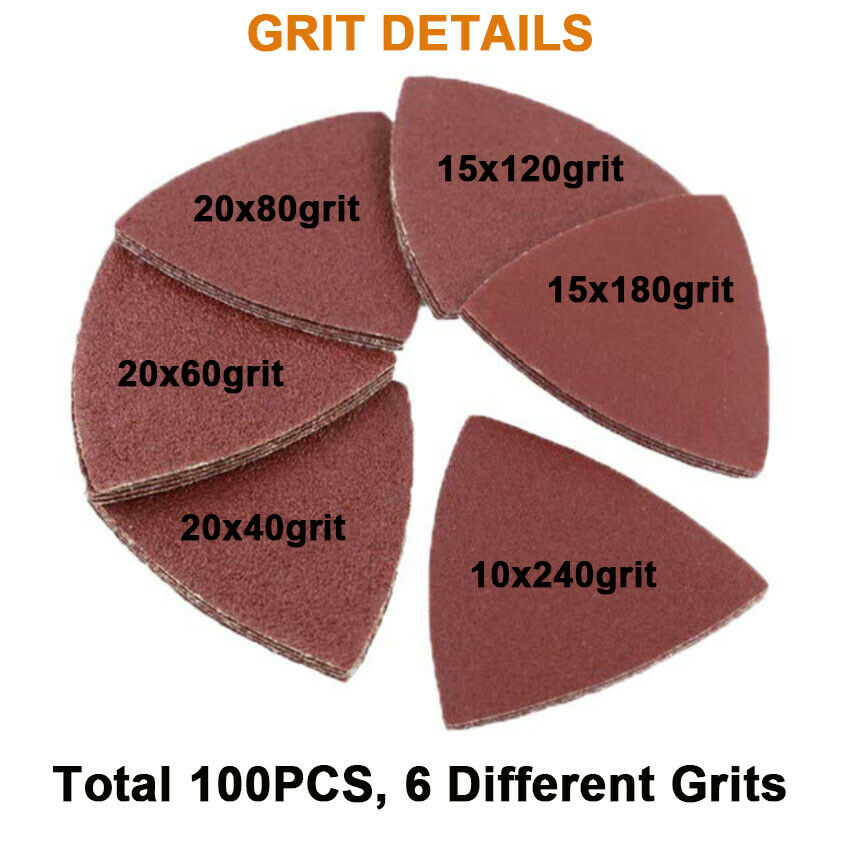 100PCS Triangle Sanding Pads 3-1/8Inch 80mm Hook and Loop Sandpaper 40-240 Grits