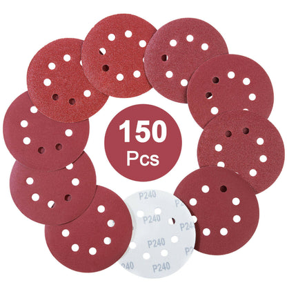 150PCS 5Inch Sanding Discs Hook and Loop 8 Holes Random Orbital Sander Sandpaper