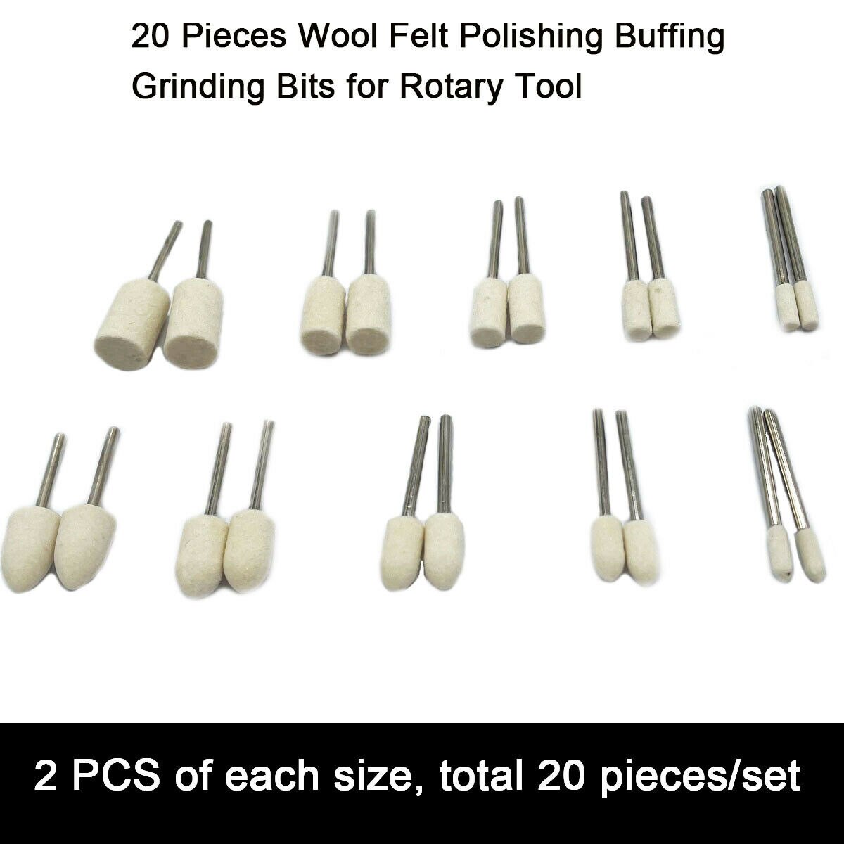 20PCS Wool Felt Mandrel Mounted Grinding Polishing Bit for Rotary Tool 1/8"Shank