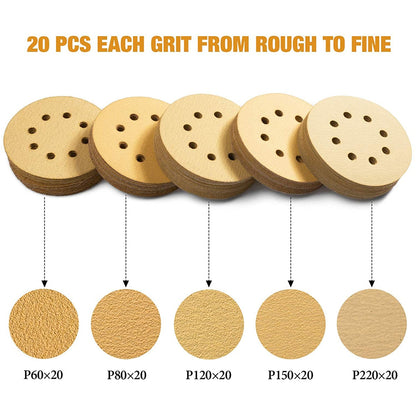 SATC 100PCS 5 Inch Hook and Loop 8 Holes  60/80/120/150/220 Grits Gold Sanding Discs for Orbital Sander