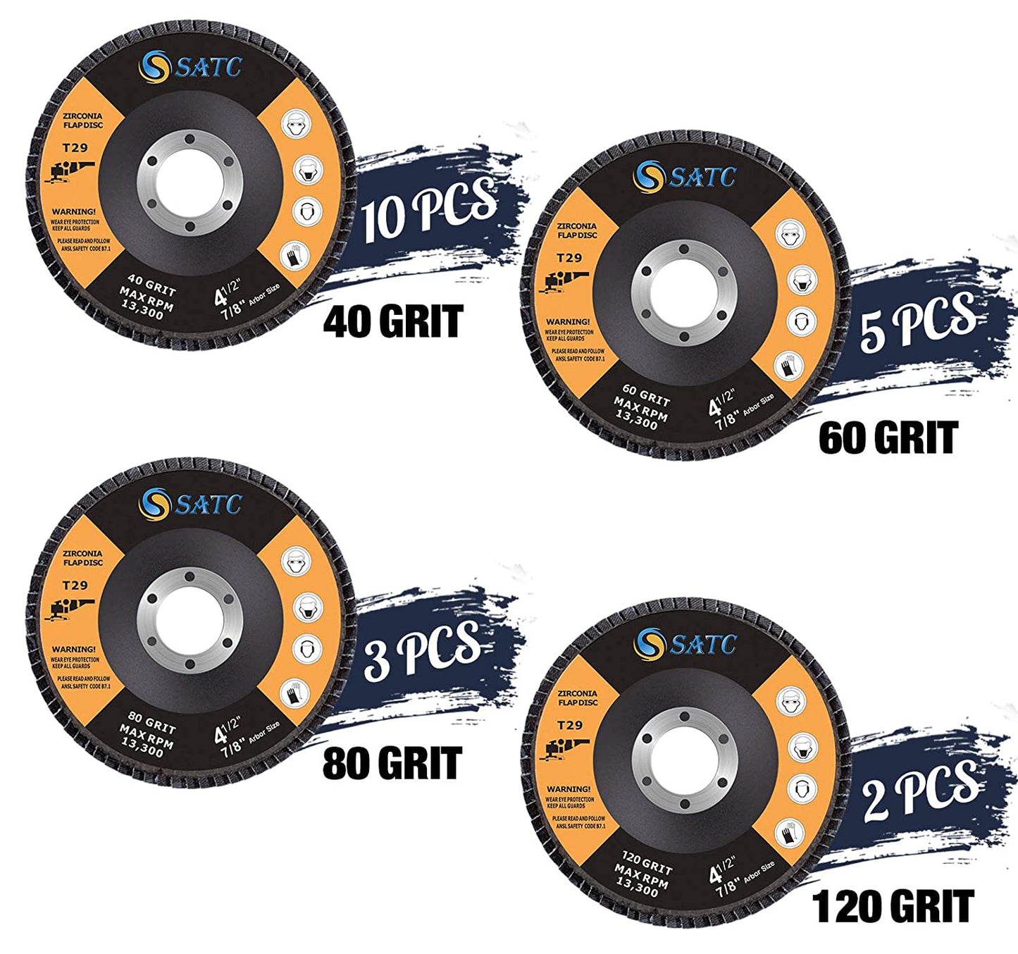 SATC 20 Pack 40/60/80/120 Grit Grinding Wheel 4.5" x 7/8" High Density Bevel Type Angle Grinder Flap Disc