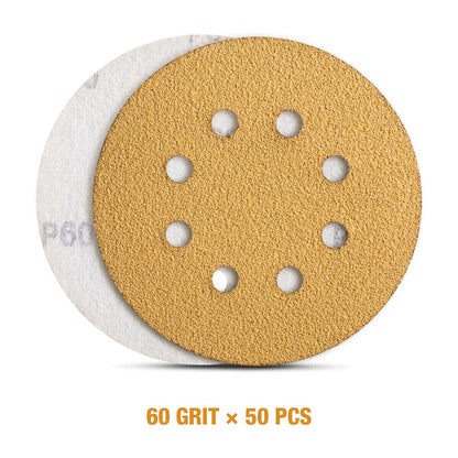 50PCS 5inch Sanding Discs Hook and Loop 8 Holes 60 Grit Gold Sander Sandpaper