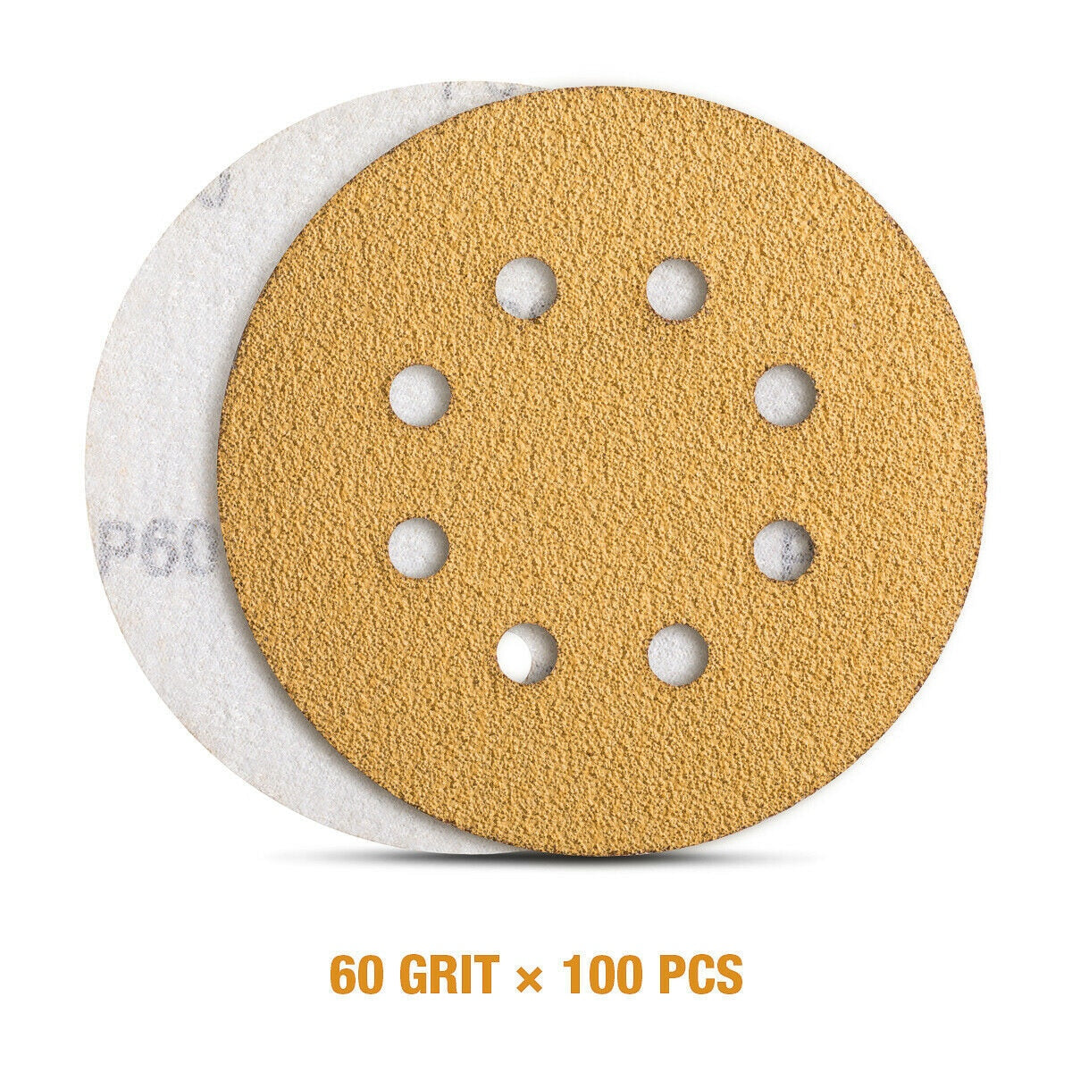 100PCS 5inch Gold Sanding Discs Hook and Loop 8 Holes 60 Grit Sander Sandpaper