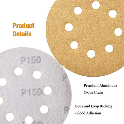 SATC 100PCS 5 Inch Hook and Loop 8 Holes  60/80/120/150/220 Grits Gold Sanding Discs for Orbital Sander