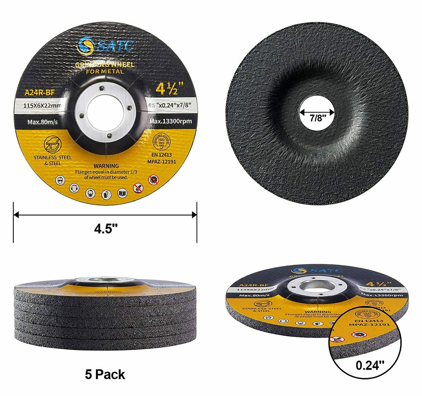 5 Pack Grinding Wheels 4-1/2" x1/4" x 7/8" Metal Grinding Disc for Angle Grinder