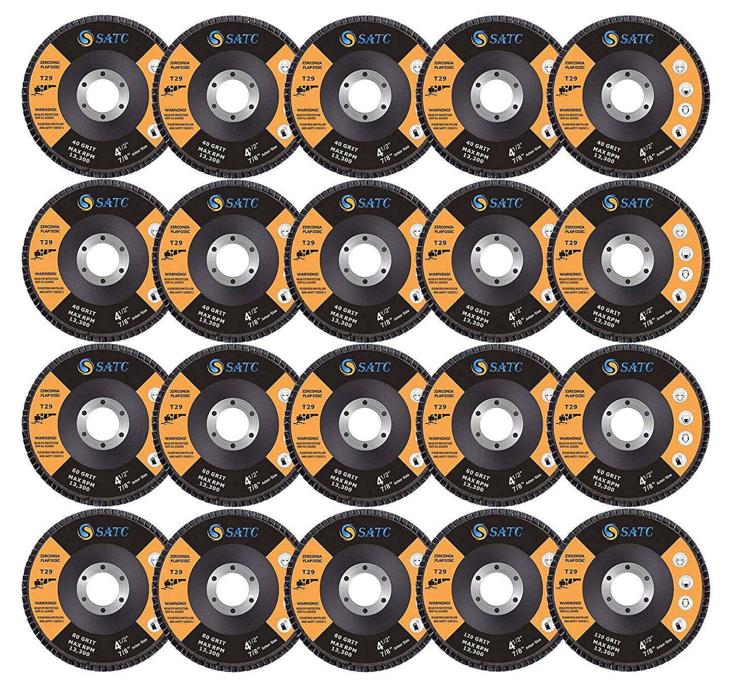 SATC 20 Pack 40/60/80/120 Grit Grinding Wheel 4.5" x 7/8" High Density Bevel Type Angle Grinder Flap Disc