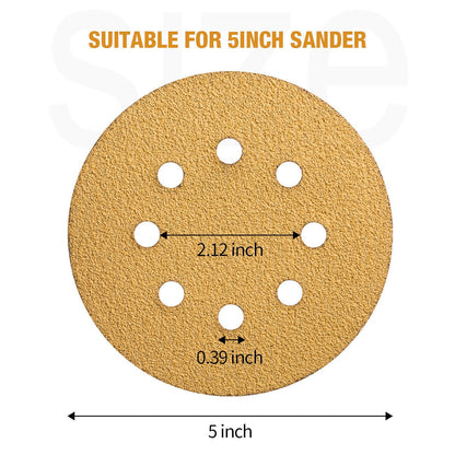 105PCS 5 Inch Gold Sanding Discs Hook and Loop 8 Holes Assorted Grits Sandpaper