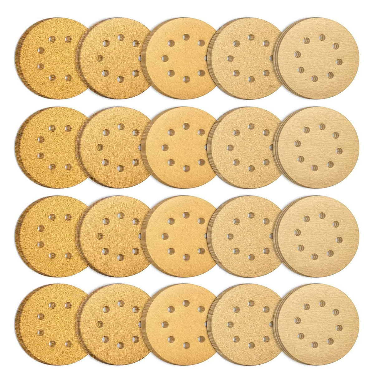 SATC 100PCS 5 Inch Hook and Loop 8 Holes  60/80/120/150/220 Grits Gold Sanding Discs for Orbital Sander