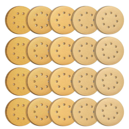 SATC 100PCS 5 Inch Hook and Loop 8 Holes  60/80/120/150/220 Grits Gold Sanding Discs for Orbital Sander