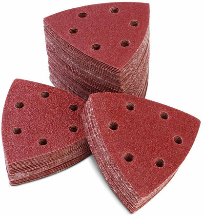 100PCS 6 Hole Triangle Sanding Pads 3-3/4" Hook and Loop Sandpaper Assorted Grit