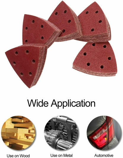 100PCS 6 Hole Triangle Sanding Pads 3-3/4" Hook and Loop Sandpaper Assorted Grit